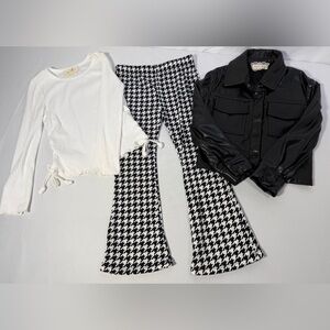 Btween Girls Set 4T Houndstooth Flare Pants Ribbed Top Faux Leather Jacket 3pc